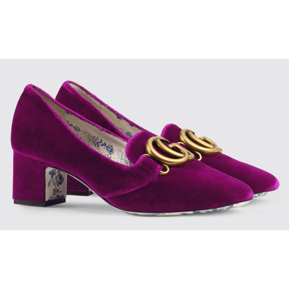 Gucci Victoire Fucsia Velvet Double GG Logo Block Mid Heel Mule Loafer Pump 36.5 - Picture 2 of 13